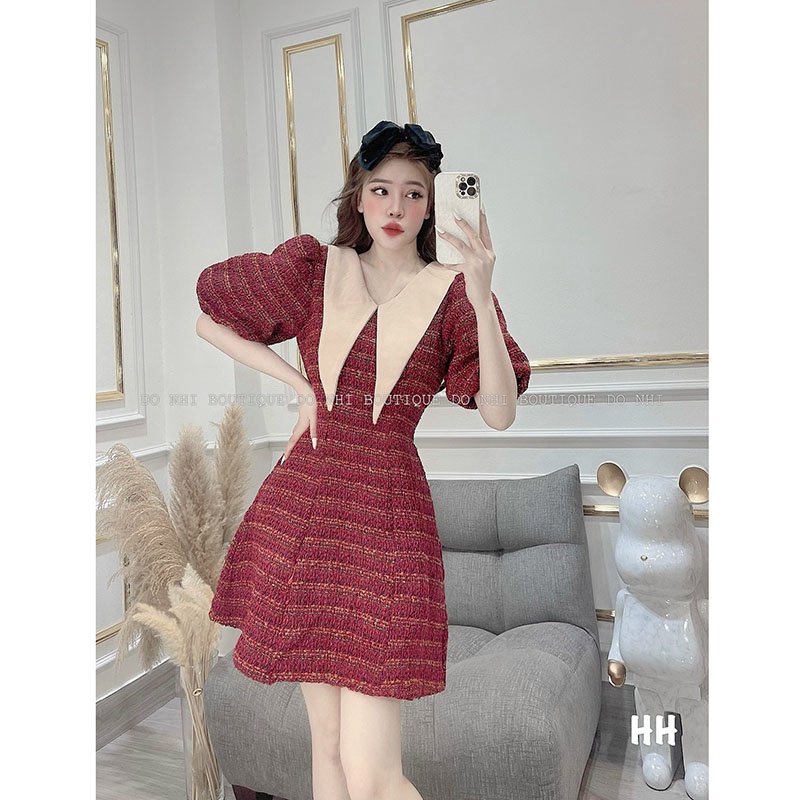 Đầm Nữ Chất Dạ Tweed Phối Cổ Vạt Trắng Hàng Quảng Châu M5866- Lolla_Fashion
