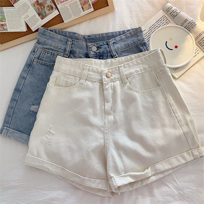 Quần đùi denim RENJIANVSHENG 188755 dáng chữ A lưng cao phong cách Hàn Quốc thời trang dành cho nữ