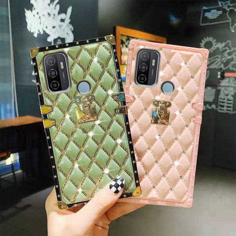 Ốp điện thoại vuông bọc da đính đá lấp lánh sang trọng thích hợp cho OPPO A53 A54 A16 A15 A15s