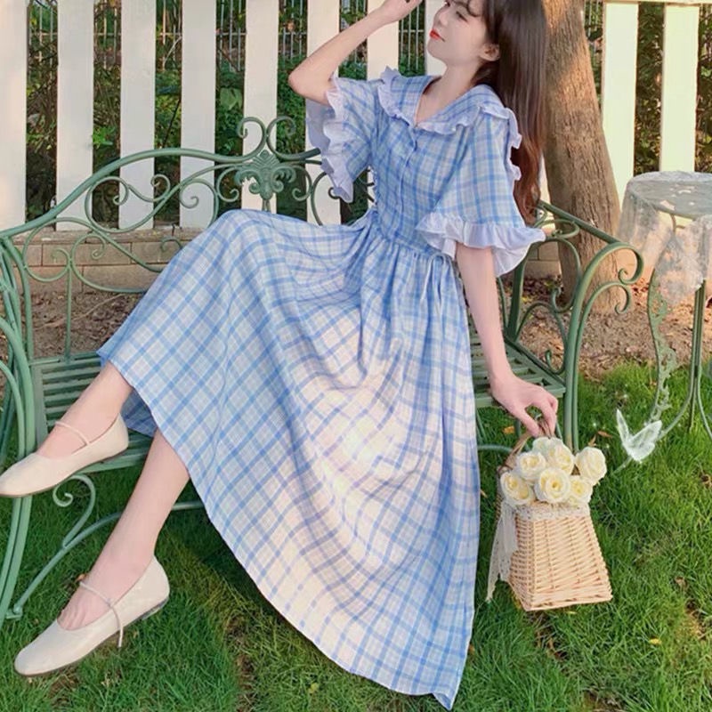 Đầm Dài Cổ Búp Bê Sọc Ca Rô Thời Trang Mùa Hè Hàng Mới Dành Cho Nữ Sinh Trung Học 2023