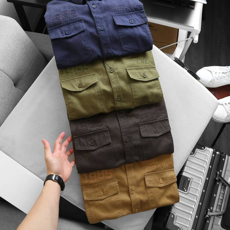 Áo sơ mi Kaki tay ngắn túi hộp -Áo khoác Kaki gam màu Retro cổ điển Logo thêu - 4 Màu II TM