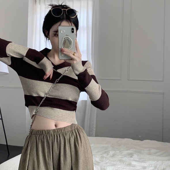 【ZHELIHANGFEI】Áo Dệt Kim Tay Dài Cổ Bẻ Họa Tiết Kẻ Sọc Thời Trang Cho Nữ