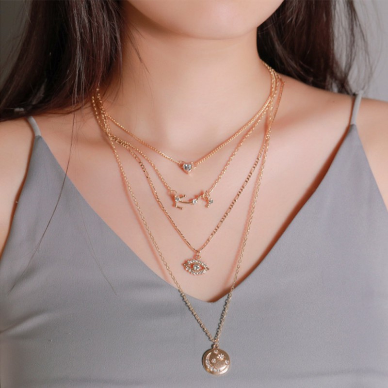 Dây Chuyền 4 Lớp Mặt Hình Mặt Trăng Đính Đá Thời Trang Cho Nữ
