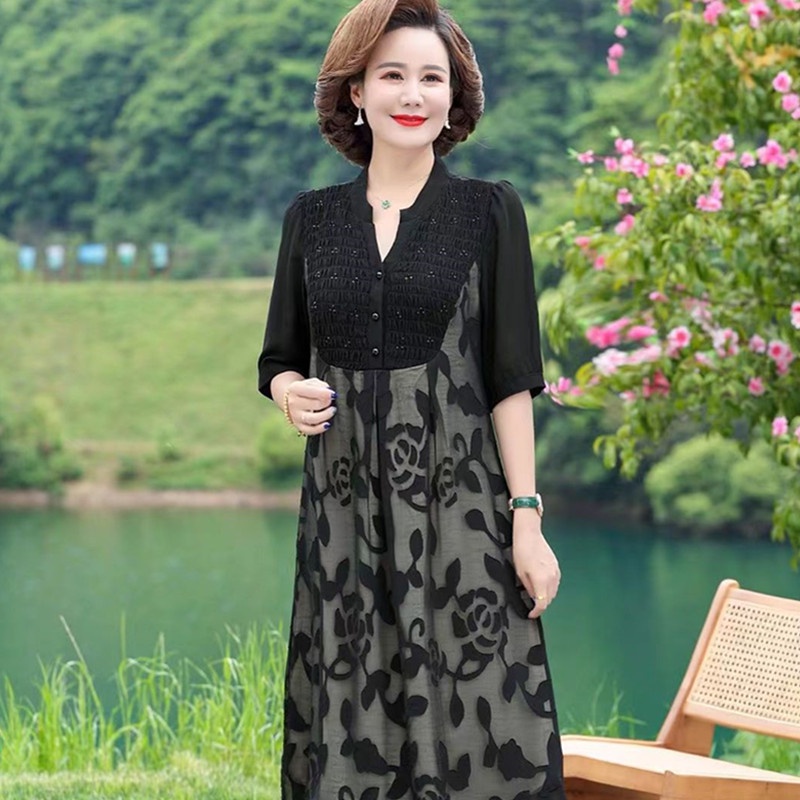 váy nhảy trung niên Đầm Dài Cổ Chữ v Dáng Rộng Thời Trang Mùa Hè Dành Cho Phụ Nữ Trung Niên 2022