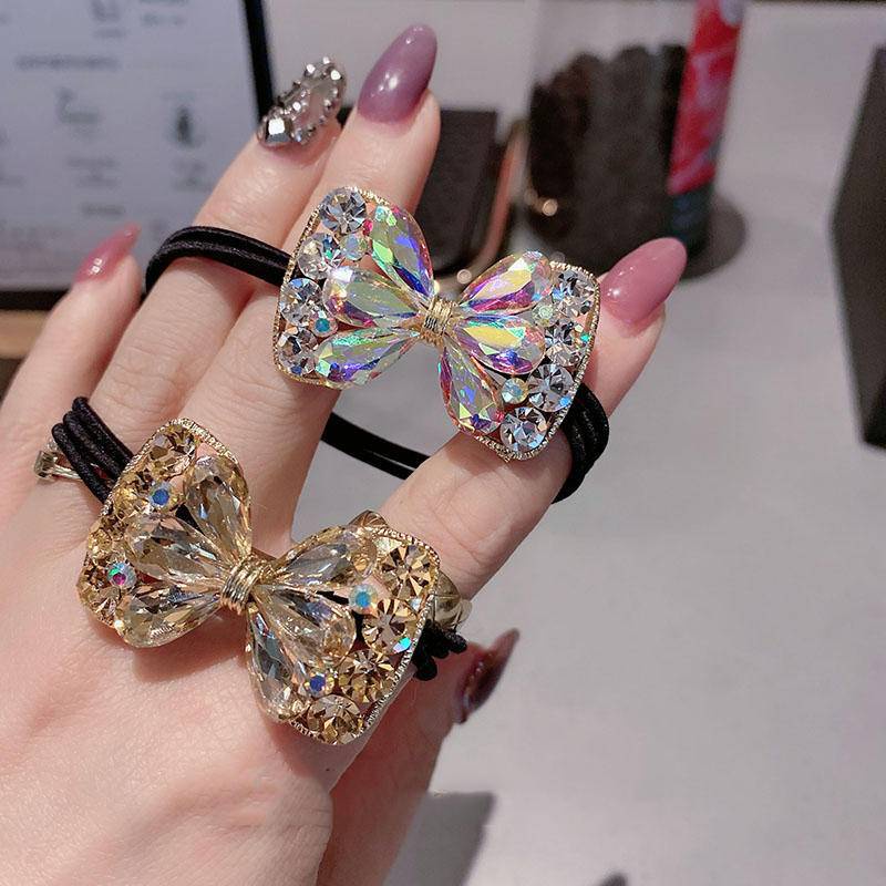 Dây buộc tóc co giãn đính đá pha lê hình nơ phong cách Hàn Quốc