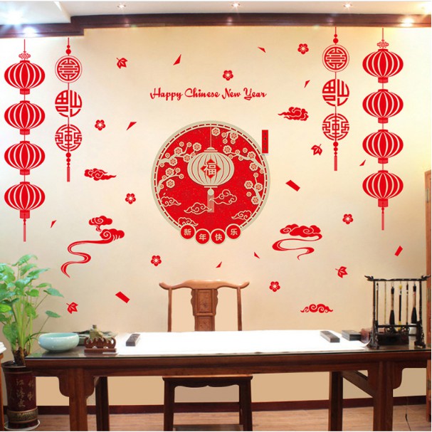 decal dán tường kính chúc mừng năm mới đèn lồng 2 bên