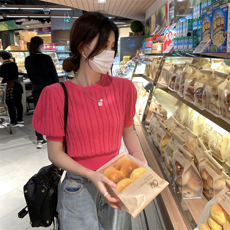 Áo Thun Dệt Kim Tay Ngắn Đính Nơ Màu Đỏ Hồng Eo Cao Thời Trang Mùa Hè Dành Cho Bạn Nữ