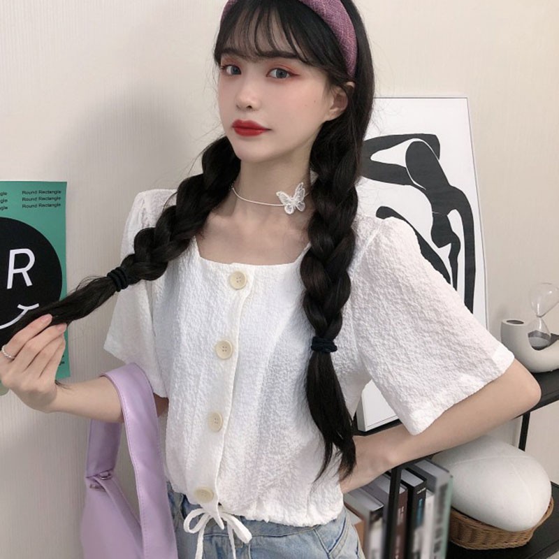 Áo Croptop Ngắn Tay Cổ Vuông Phối Dây Rút Xinh Xắn Dành Cho Nữ