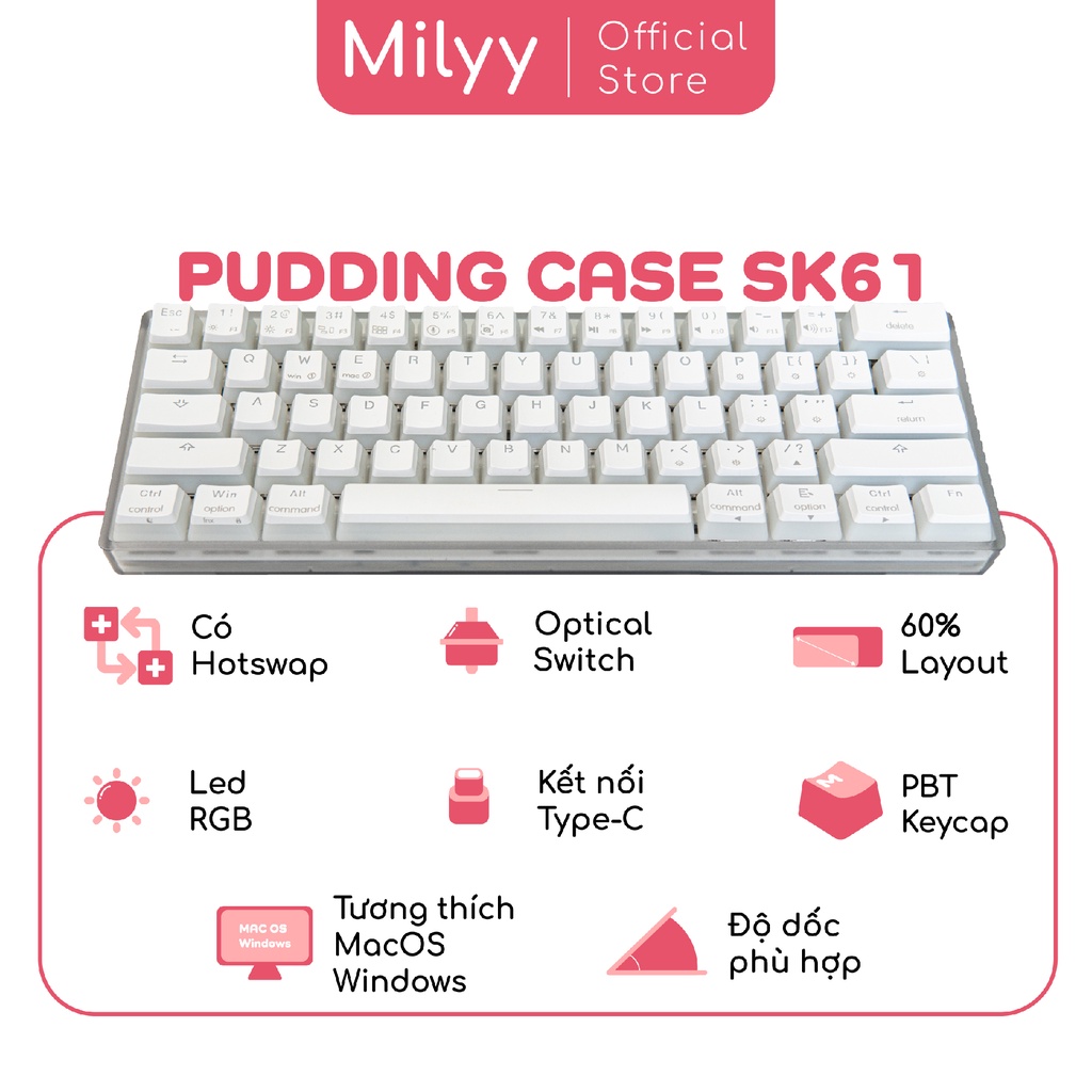 Bàn phím cơ có dây cảm biến âm thanh theo nhạc LED RGB vỏ trong suốt keycap pudding Milyy