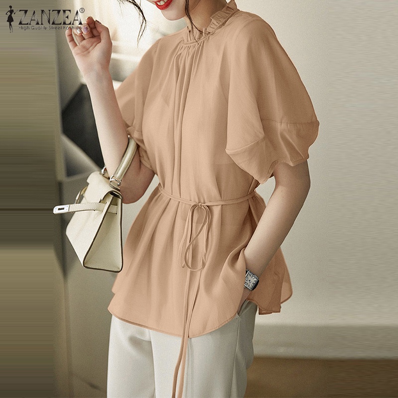 Áo kiểu Zanzea tay phồng ngắn cổ đứng phối bèo và dây thắt nút thời trang thanh lịch cho nữ
