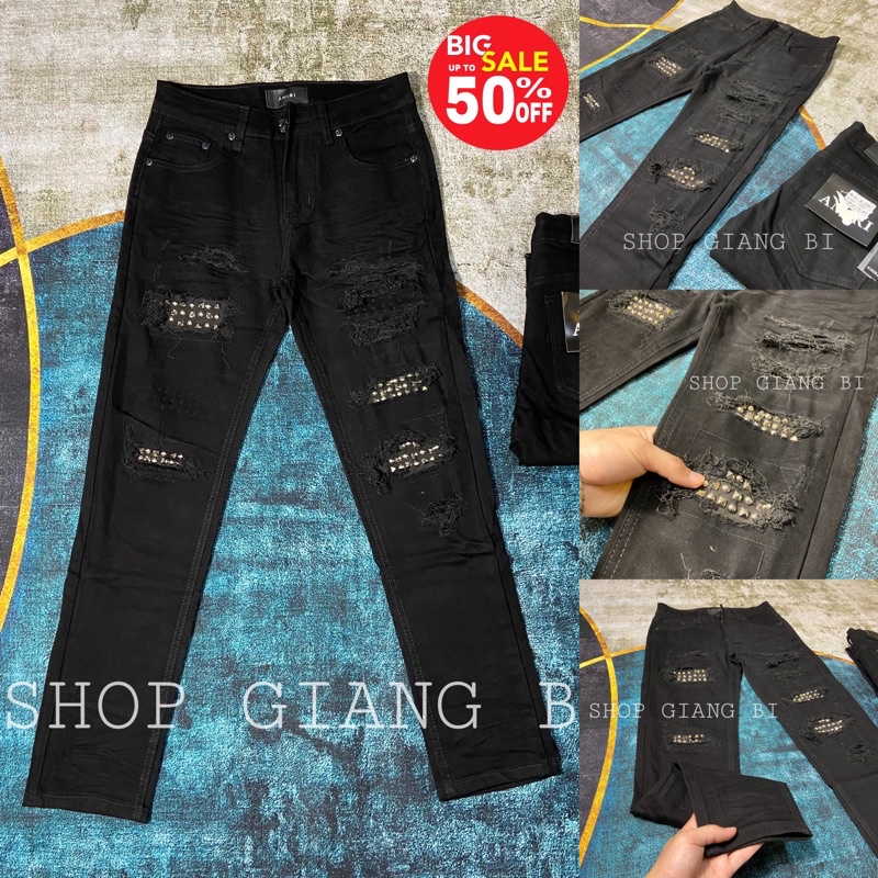 Quần jean nam đính đá to dáng slimfit,quần bò nam đính đá amiri rách xước khâu viền phần vá