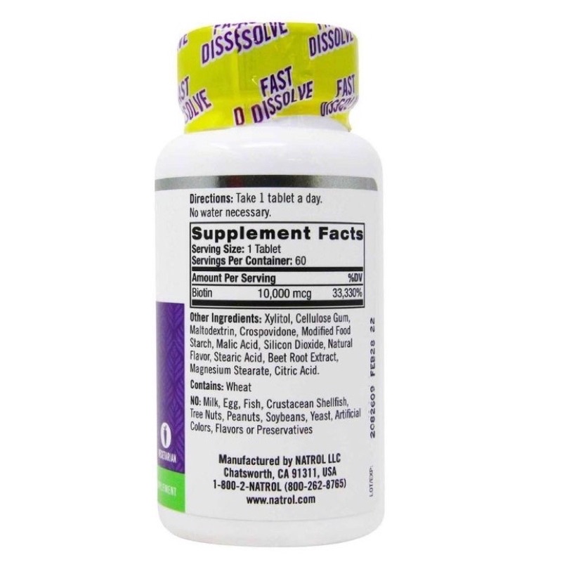 Natrol Biotin 10000mcg 60v hỗ trợ mọc tóc, cải thiện tình trạng rụng tóc