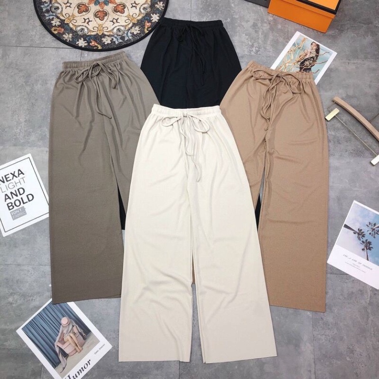 Quần xuông nữ ống rộng len tăm cạp chun sang chảnh nội y xanh babydoll bánh bèo mầu trắng đen be