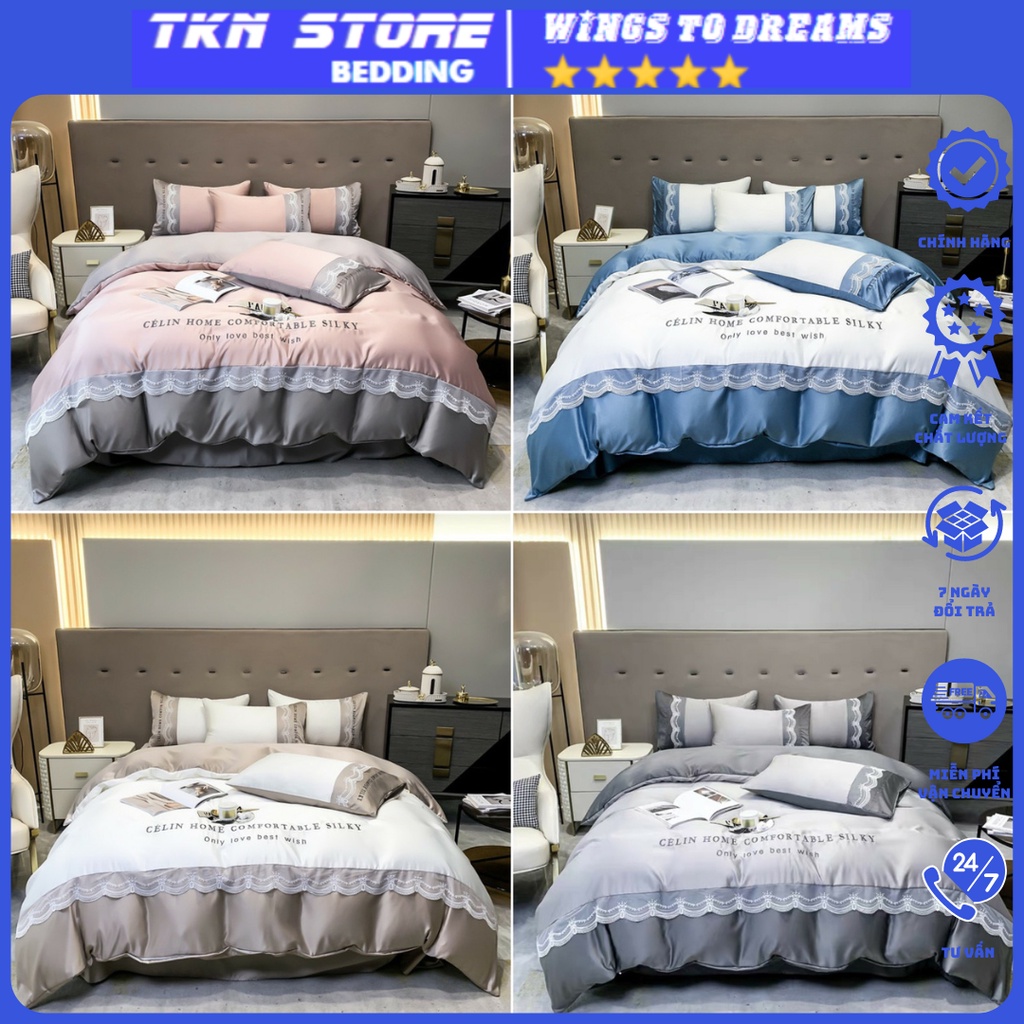 Bộ chăn ga gối phi Lụa Celin phối ren xinh xắn nhập khẩu ,Bộ Ga giường và vỏ gối phi lụa  chất liệu lụa mềm mịn mát lạnh