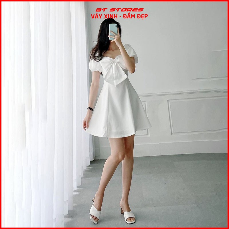 Đầm dự tiệc đầm dạo phố dáng xòe nhẹ tay bồng phối nơ xinh xắn Bibi- BT066