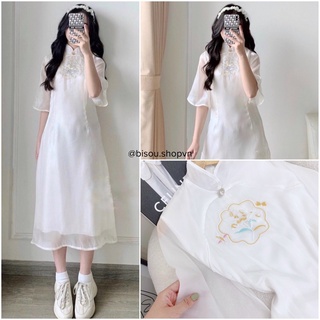 (SẴN) Đầm midi voan tơ trắng thêu hoa nhã nhặn diện tết xinh xắn