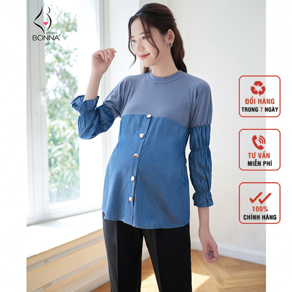 Áo bầu dáng babydoll BONNA mặc mùa thu chất liệu bò lối len cao cấp màu xanh nước biển cá tính, mặc đi làm cực xinh A001