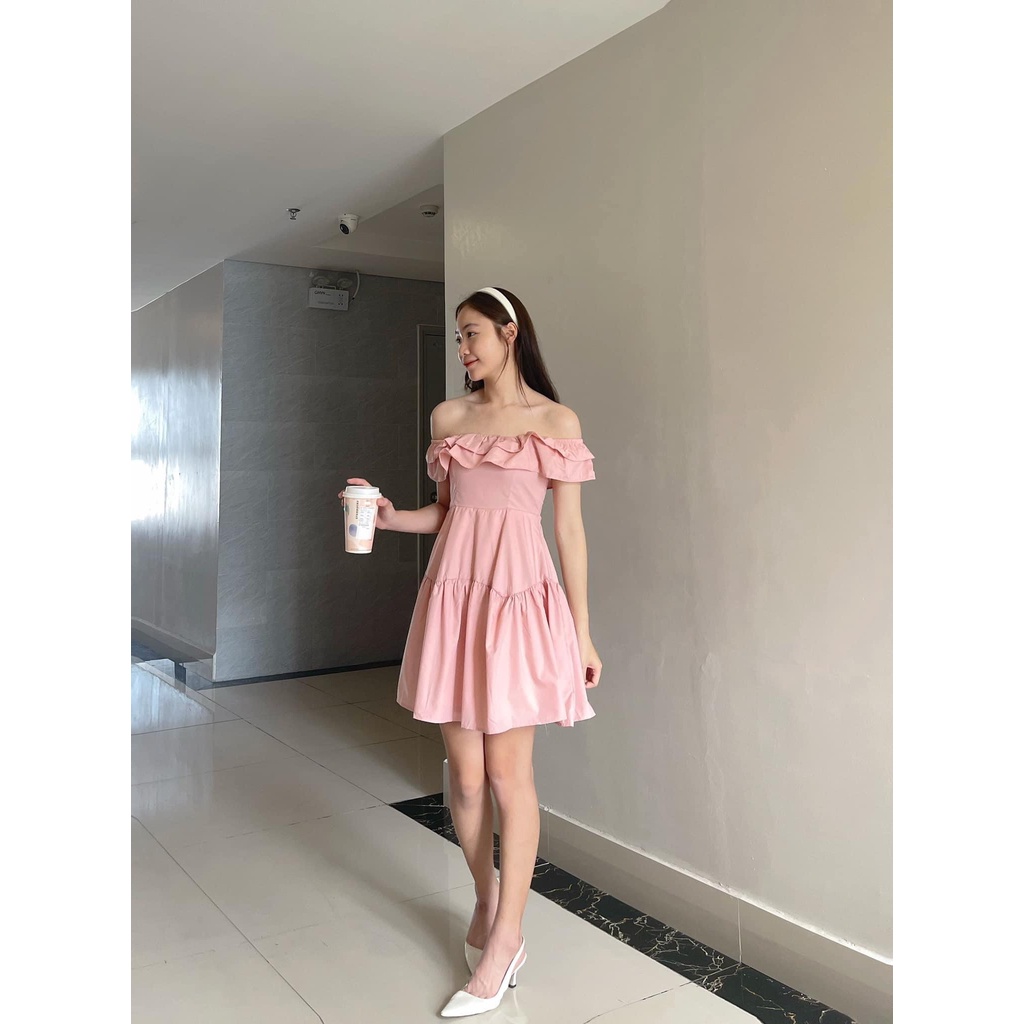 [Sẵn/ảnh thật] Váy trễ vai hồng phấn trắng chun sau tiểu thư siêu xinh đầm xinh đi chơi