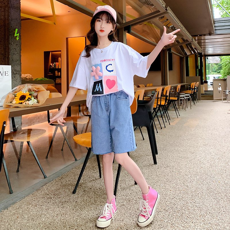 Bộ áo cộc tay quần bò ống rộng cho bé gái size đại đồ bộ mặc mùa hè M2258