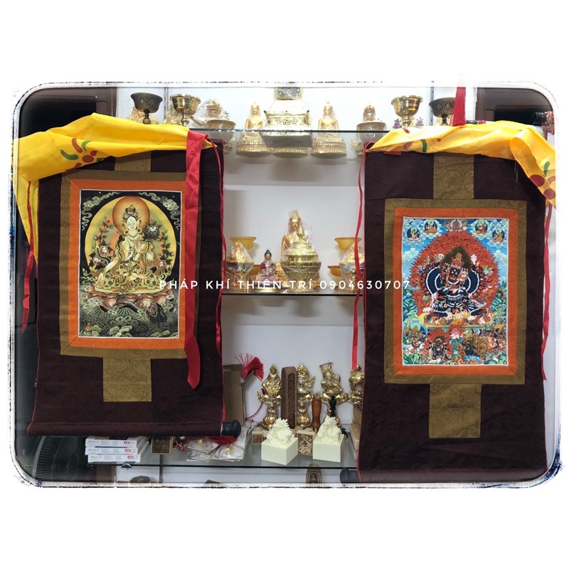 Tranh Thangka Tây Tạng, 22 mẫu , kích thước 40cm , 50cm ,68cm, viền gấm , rèm vàng phủ diện ,tranh thờ Phật giáo