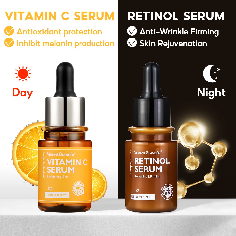 Bộ 2 lọ serum Vibrant Glamour retinol tự nhiên + vitamin C dưỡng ẩm làm trắng da chống nếp nhăn