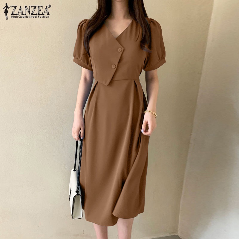 Đầm midi ZANZEA tay ngắn phồng cổ chữ V cài nút thời trang cho nữ