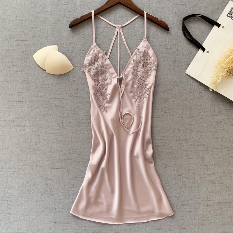 Đầm Ngủ Hai Dây Hở Lưng Thêu Ren Có Mút Ngực Thời Trang Quyến Rũ Cho Nữ