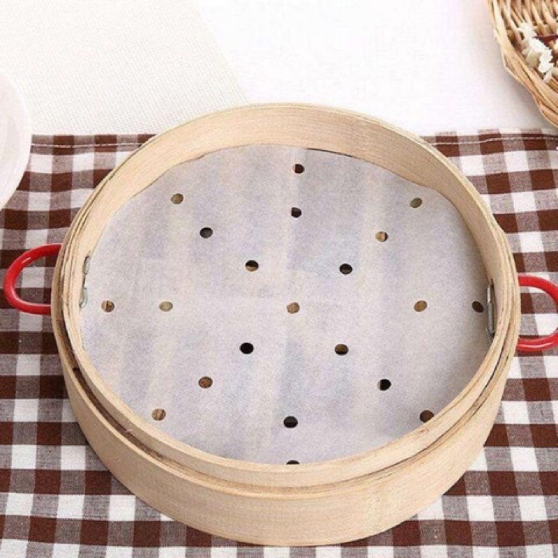 100 tờ Giấy nến đục lỗ Giấy nến tròn lót xửng hấp, nồi chiên không dầu, hấp bánh bao 23 cm