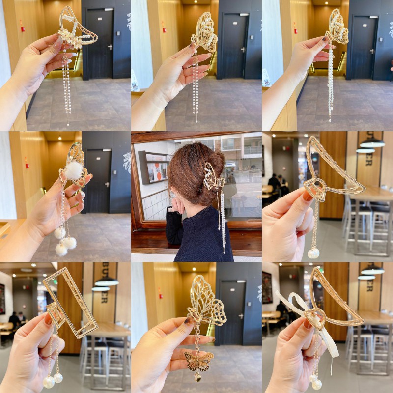 Kẹp tóc hình bướm đính đá và ngọc trai phong cách Hàn Quốc