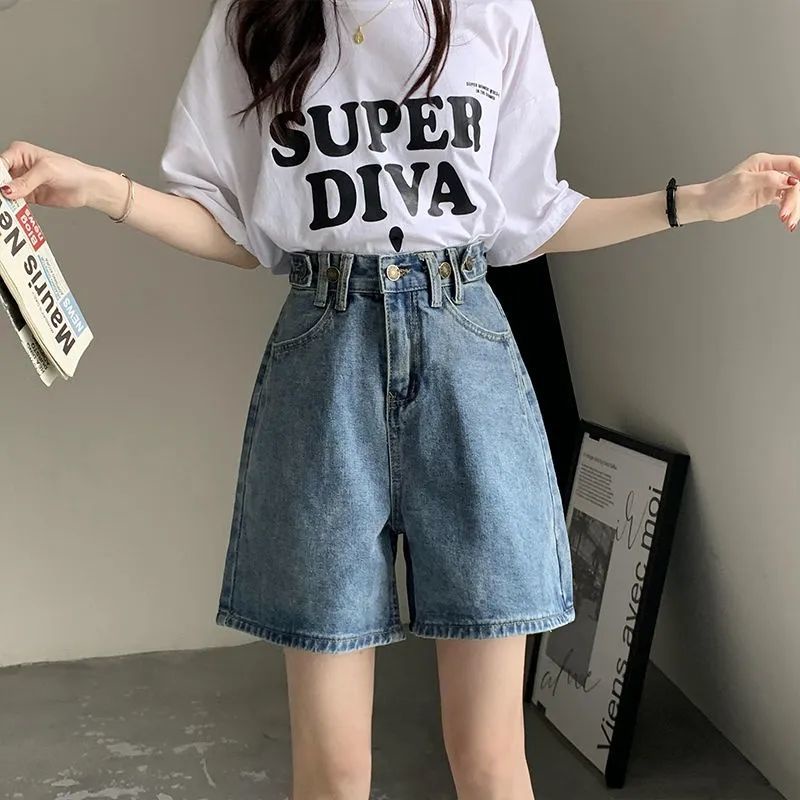 Jiashucheng Quần Short Denim Cạp Cao Ống Rộng Phong Cách Hàn Quốc Thời Trang Mùa Hè Hàng Mới
