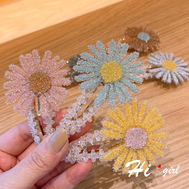 Kẹp tóc màu kẹo phối hạt trang trí hình hoa cúc đẹp mắt thời trang