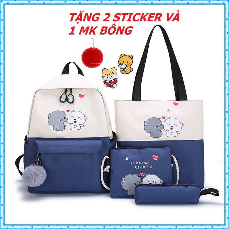 Balo nữ TẶNG 1 MÓC KHÓA BÔNG VÀ 2 STICKER Bộ 4 món Balo nữ túi ví dễ thương