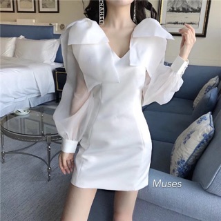 ❌ [ Váy dự tiệc nơ vai tay voan Hàn quốc ] kèm ảnh thật tự chụp