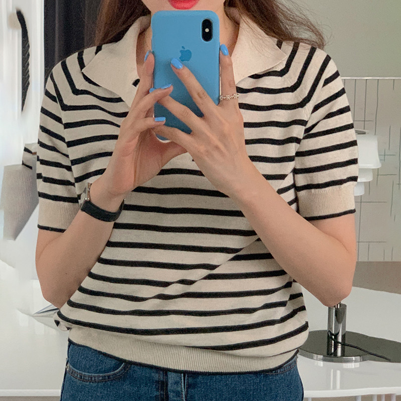 SUXI Áo tay ngắn họa tiết kẻ sọc phong cách Hàn Quốc trẻ trung cho nữ