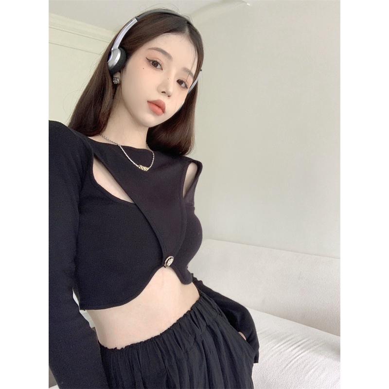 Áo croptop QKOOLE dệt kim tay dài phong cách Hàn Quốc cho nữ