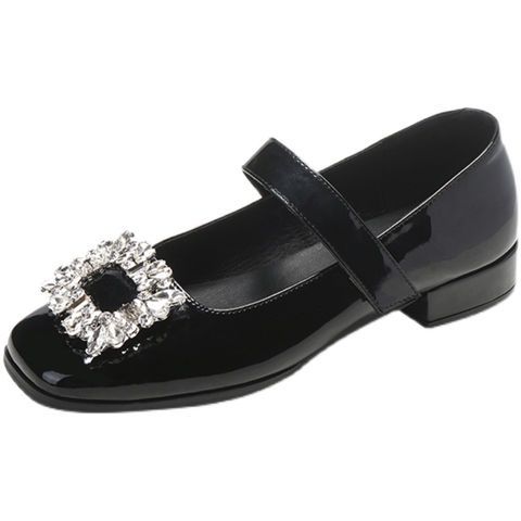 ☋☃☞Giày Búp Bê Mary Jane Mũi Vuông Đính Đá Chất Liệu Da Bóng Thời Trang Xuân Thu 2021 Cho Nữ