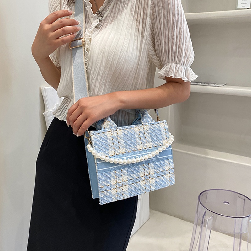 Túi Đeo Chéo Họa Tiết Kẻ Sọc Đính Ngọc Trai Phong Cách Hàn Quốc Thời Trang Cho Nữ