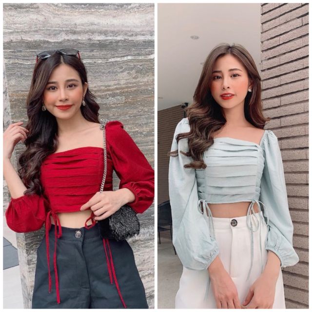 Áo crop xếp li tay dài (có ảnh thật)