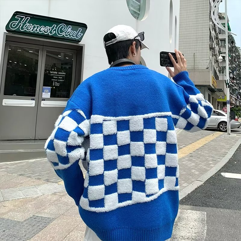 Áo Sweater Cổ Tròn Họa Tiết Sọc Caro Thời Trang Thu Đông Cho Nam