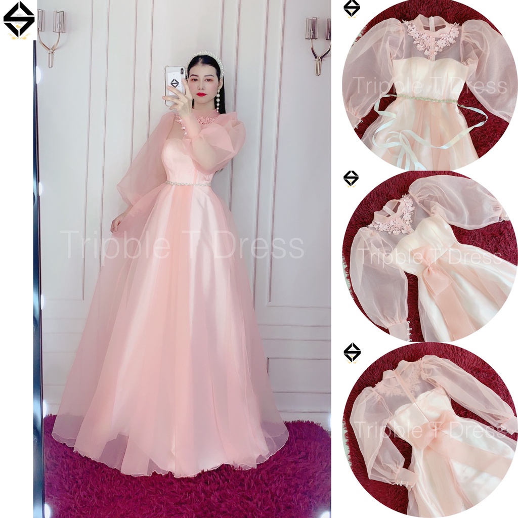 Đầm mặc cưới tay dài phồng voan xốp tặng kèm nơ TRIPBLE T DRESS -Size S/M/L - MS314V