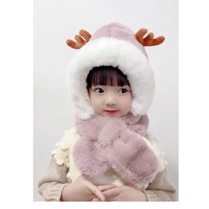12 Mũ trẻ em mùa đông lót lông sừng hươu cute kèm khăn siêu ấm cho bé