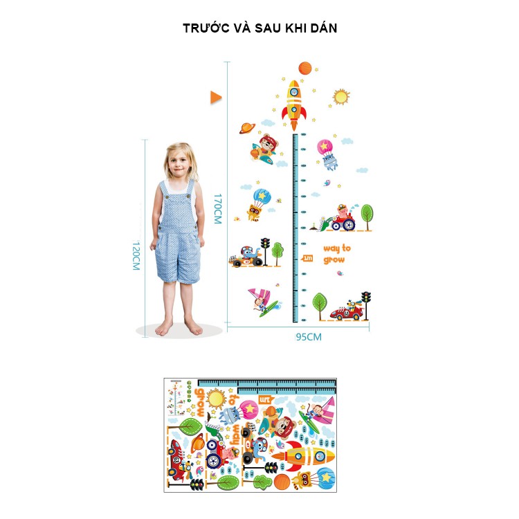 Decal dán tường cho bé  đo chiều cao phương tiện giao thông