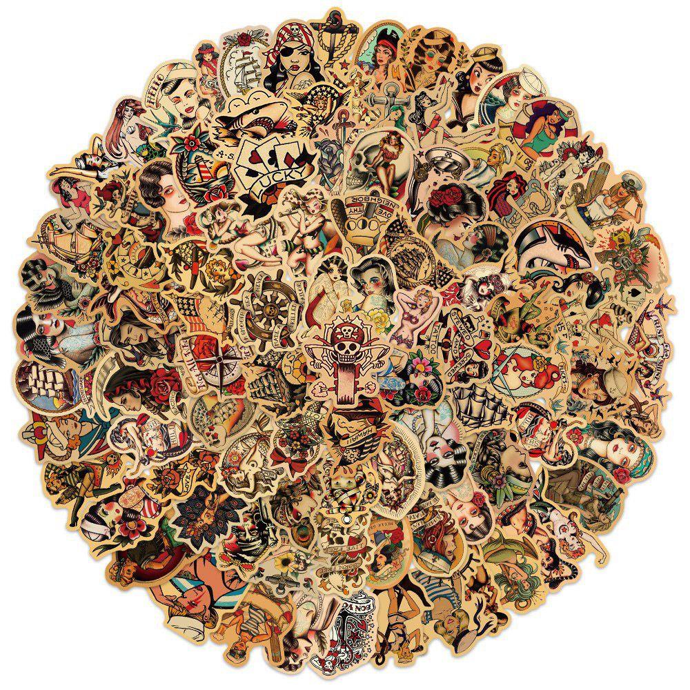 Bộ 50 Miếng Dán Hình Xăm Phong Cách Cổ Điển Bằng PVC Chống Thấm Nước Trang Trí Tủ Lạnh