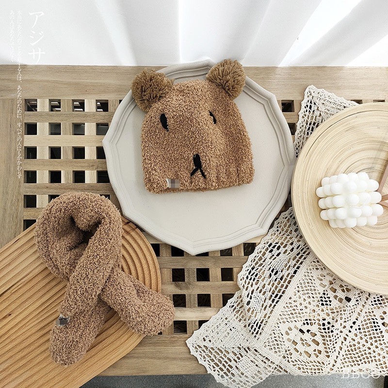 set mũ lông gấu kèm khăn cho bé (có hình thật)