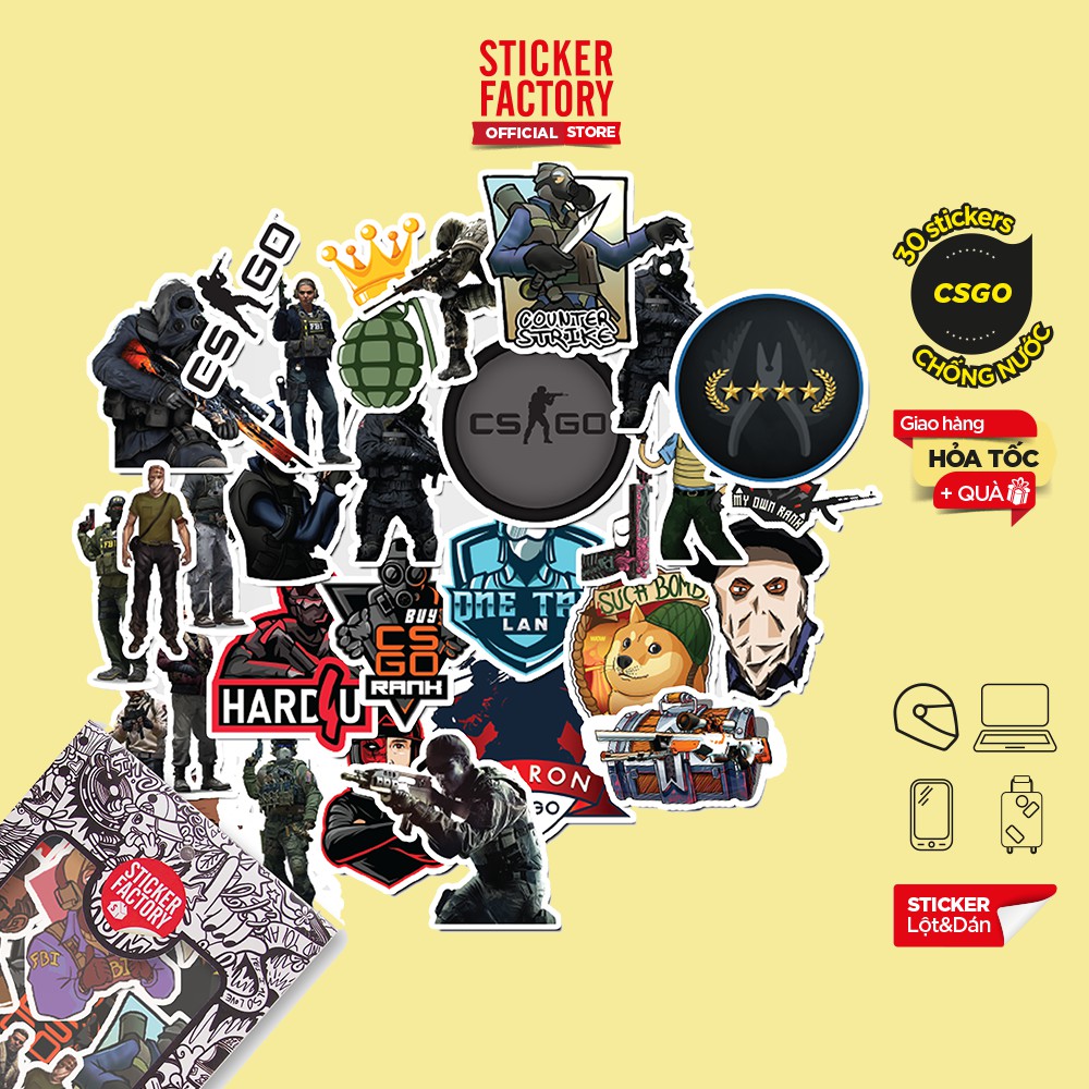 Hộp set 30 sticker decal hình dán nón bảo hiểm , laptop, xe máy, ô tô STICKER FACTORY - Chủ đề CS GO