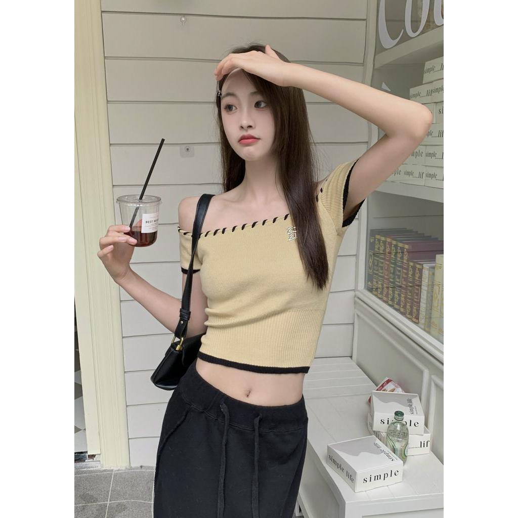 Áo Thun Dệt Kim Trễ Vai Màu Sắc Tương Phản Thời Trang Mùa Hè 64211