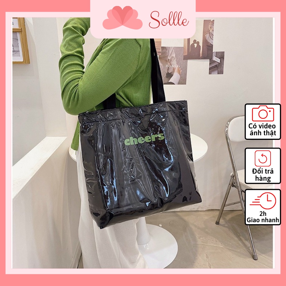 Túi tote vải canvas đeo vai bóng kính chống nước có cúc bấm ulzzang Hàn quốc Sollle