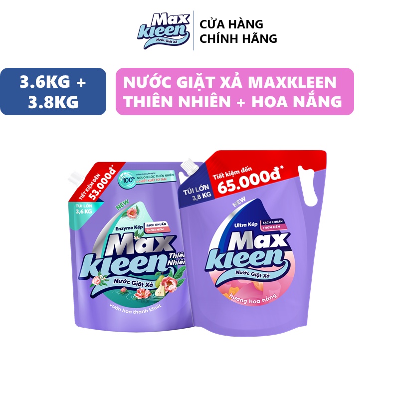 Combo 2 Túi nước giặt xả MaxKleen Thiên nhiên 3.6kg + Hoa nắng 3.8kg