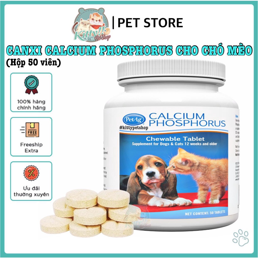 Hộp 50 viên Calcium Phosphorus Pet Ag bổ sung canxi, phốt pho dành cho chó mèo - canxi chó mèo - Kitty Pet Shop BMT