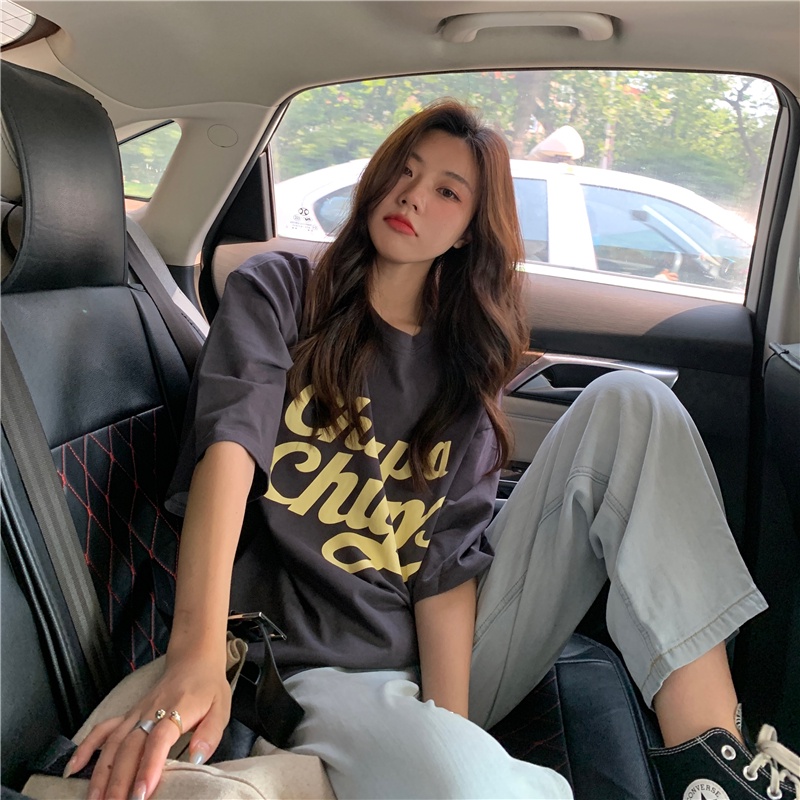 Áo thun SUXI tay ngắn cổ tròn dáng rộng in chữ thời trang mùa hè cho nữ